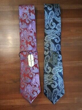 2 Extra Long Bruno Piattelli Paisley Silk Neckties in Red Blue and Black White
